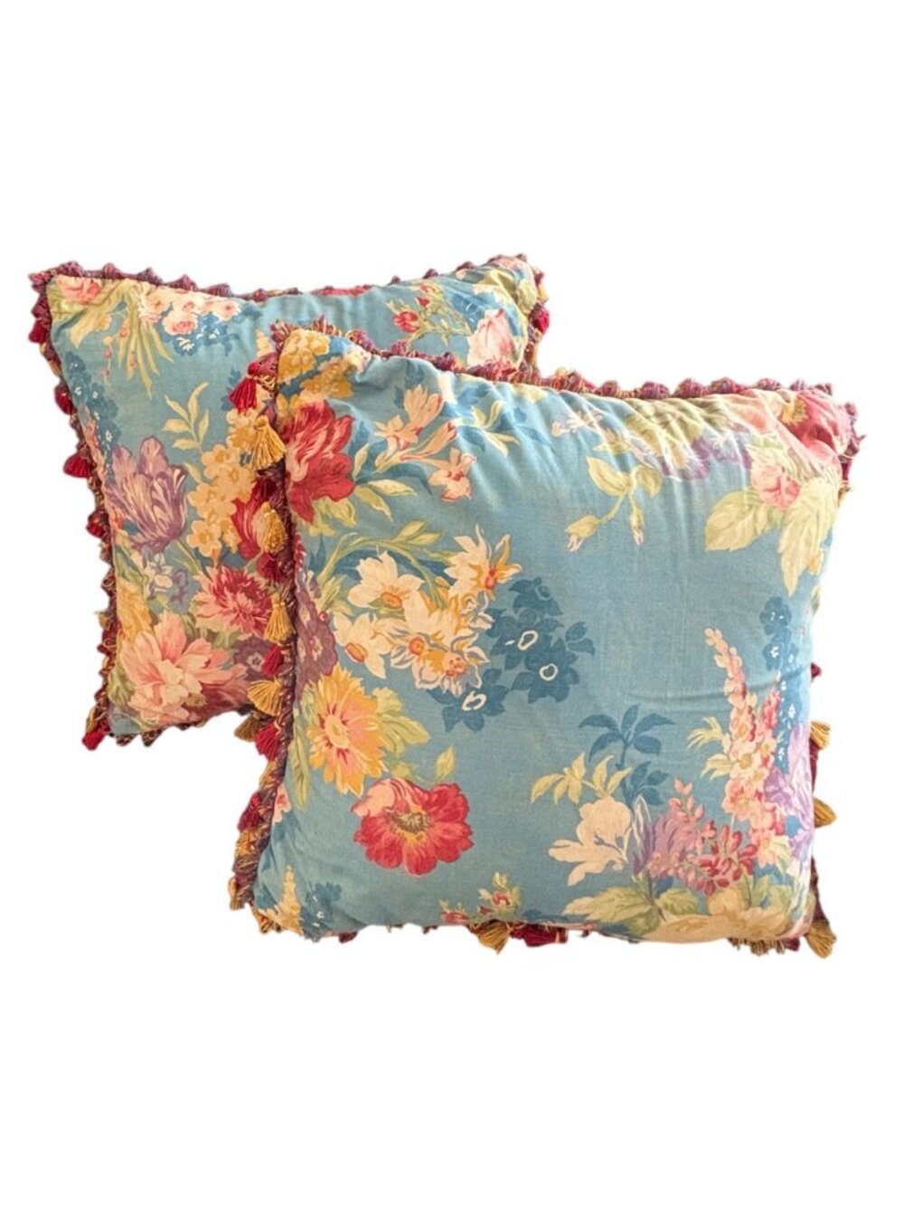 English Country Decorative Pillows Raymond Waites Tassel Trim 16 x 16 Set Of 2